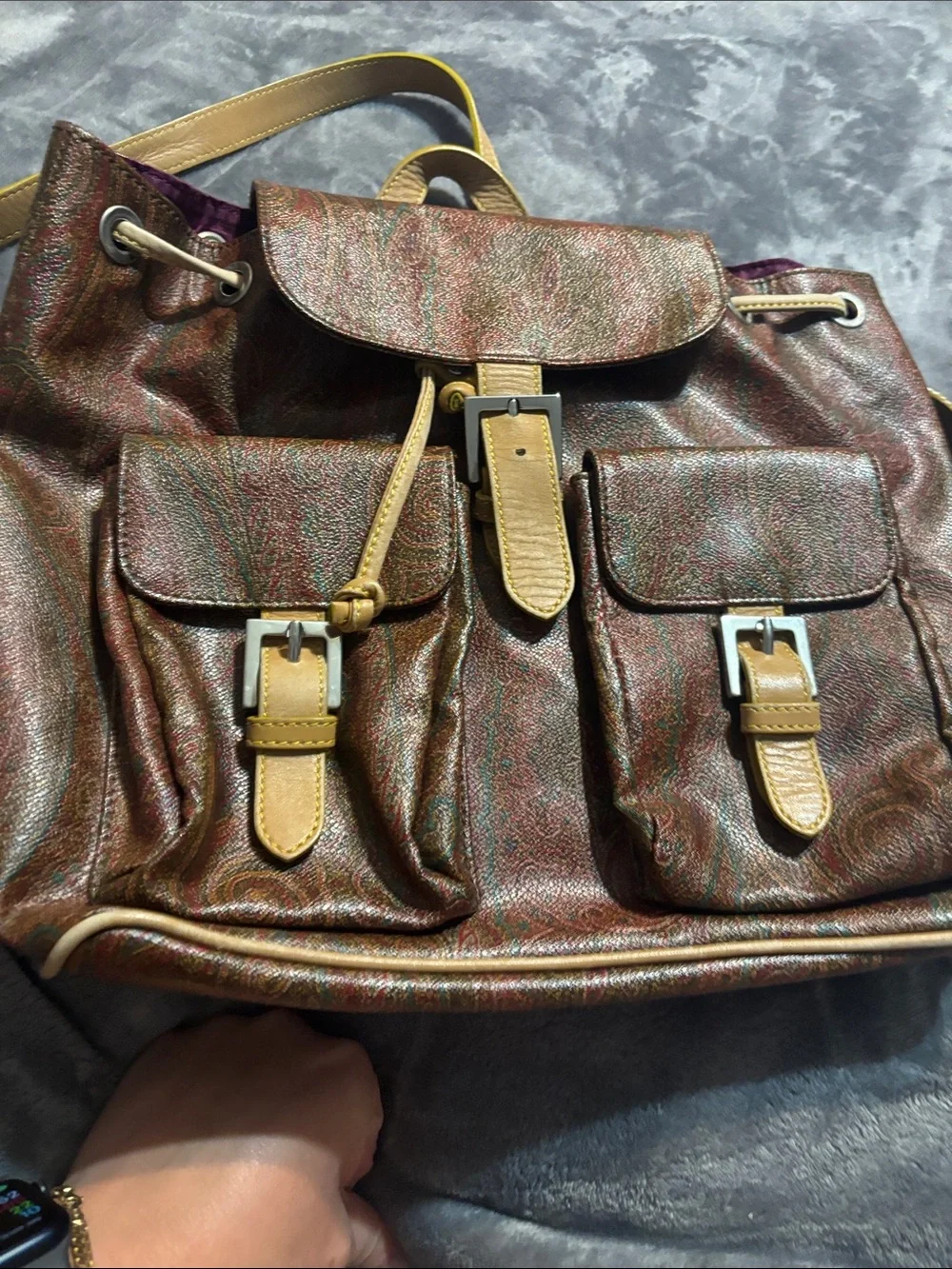 Etro Brown Paisley Drawstring Backpack with Tan Trim